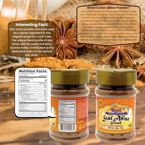 Rani Star Anise Powder (Badian Khatai) Ground Spice 2.5oz (70g) PET Jar ~ All Natural | Gluten Friendly | NON-GMO | Kosher | Vegan | Indian Origin
