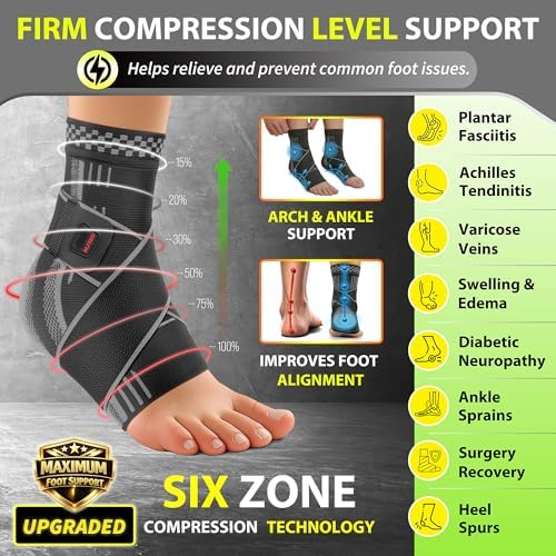 BLITZU Ankle Brace for Women, Men, Plantar Fasciitis Relief, Achilles Tendonitis Brace for Sprained Foot, Ankle Compression Sleeve with Strap Black XL