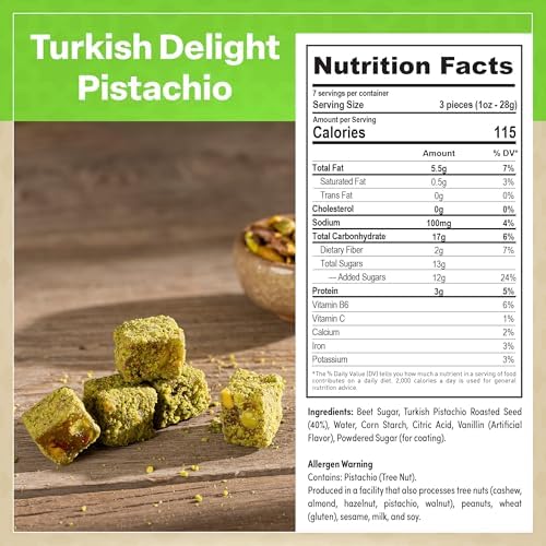 Eastanbul Turkish Delight Pistachio, 8.8oz, Turkish Delights Candy, Gourmet & Double Roasted Pistachios Filled, Rich Nuts Content, Lokum, Loukoumi, Vegan Gifts, Gluten Free