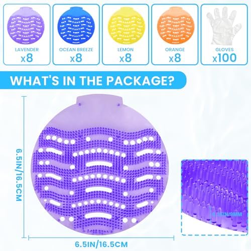 32 Pack Urinal Deodorizer Screen with 100 Gloves, 3D Wave Anti-Splash Odor Protection Urinal Cakes for Men Toilets Dry Wet Urinal Deodorant Bathroom Office Mall Hotel Four Scents Urinal Mats