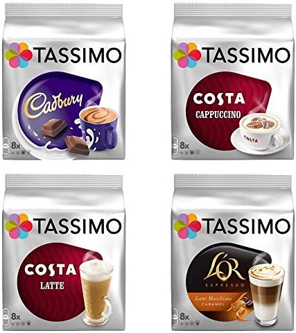 Tassimo Costa Cappuccino + Cadbury + Costa Latte + Carte Noire Latte Macchiato Caramel X 4 Favourite Packs, Total 64 Discs