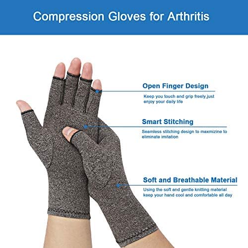 2-Pair Arthritis Compression Gloves for Alleviate Rheumatoid Osteoarthritis, Carpal Tunnel Raynauds Disease, Fingerless Design Breathable & Moisture, Women and Men (Gray, Small)