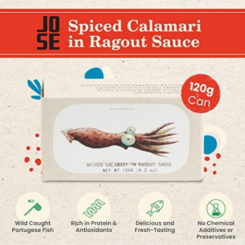 Spiced Calamari in Ragout Sauce by Jose Gourmet, Canned Squid Calamari in Sauce, Wild Caught Portuguese Calamari, Vitamin Rich Low Calorie Seafood, 125g Can