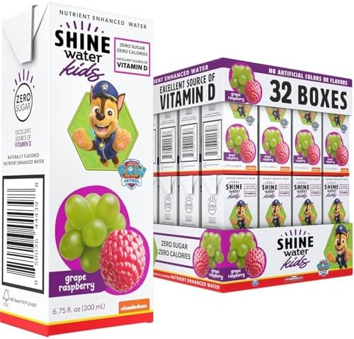 Shine Water x Paw Patrol Grape Raspberry Kids Juice Boxes with Vitamin D | No Added Sugar | Naturally Flavored Drinks for Kids | Vegan, Gluten Free, Zero Calorie Hydration | 32 Pack