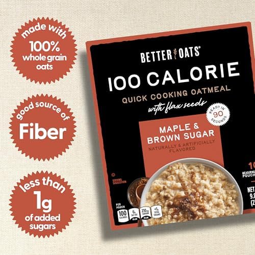 Better Oats 100 Calorie Maple & Brown Sugar Oatmeal Packets, Whole Grain with Flax Seeds and Rolled Grains, Cooks in 90 Seconds, Box of 10 Pouches (Pack of 6)