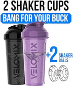 VELOMIX -2 Pack- 28 oz Protein Shaker Bottles for Protein Mixes - 2x Wire Whisk | Leak Proof Shaker Cups for Protein Shakes and Pre Workout | Protein Shaker Bottle Pack (Purple/Black)