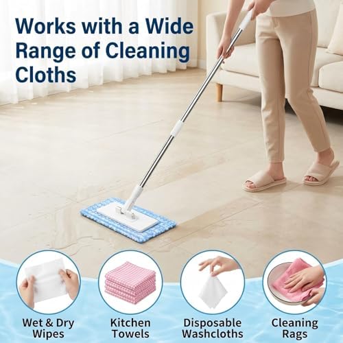 Convenient Cloth Changing Mini Mop Flat Push Design, Lazy Portable Self-Squeeze Mop Set, Wall-Mountable Durable Handle & Non-Slip Grip, Reusable Pads for Home Use with 5 Cloths Included