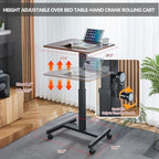 Mobile Standing Desk,Height Adjustable Overbed Bedside Table with Wheels&Cup Holder,Hand Crank Sit Stand Desk and Laptop Cart,Computer Workstation for Home Office Classroom Hospital (Manual Walnut)