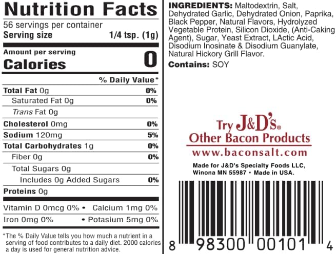 J&D's Bacon Salt, Original, 2.5 Ounce, Bacon-Flavored Seasoning Salt, Vegan, Vegetarian, Kosher (Hickory)