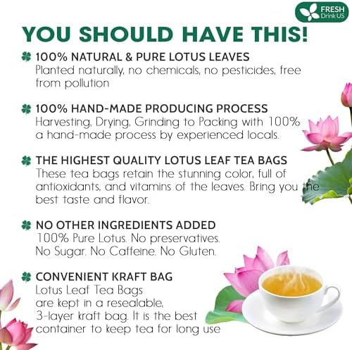 FreshDrinkUS, Premium 30 Lotus Leaf Tea Bags, 100% Natural & Pure from Lotus Leaves. Loose Leaf Lotus Herbal Tea. Made with Eco-Conscious Tea Bags. No Sugar, No Caffeine, No Gluten, Vegan.
