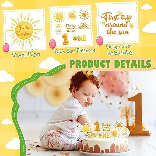 Weecent 48 Pcs First Trip Around The Sun Cake Topper, Sunshine Cupcake Toppers Sun Cupcake Toppers 1st Birthday Decorations for Girls 1st Trip Around The Sun Birthday Party Supplies
