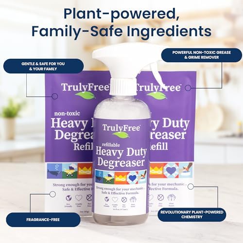 Truly Free Heavy Duty Degreaser - Grease Remover & Grime Cleaner for Kitchen, Automotive & More, Household Cleaning Supplies, Fragrance-Free, Includes 16 oz Reusable Empty Bottle + Two Fills, 3 oz ea.