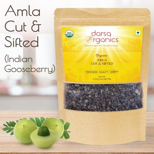 Darsa Organics Dried Amla Indian Gooseberry 4oz - Organic Amla Fruit Cut & Sifted - USDA Certified Non-GMO, Vegan, Kosher and Gluten Free - Vitamin C Rich Gooseberry for Tea, Hair Growth and Skin Immunity