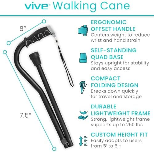 Vive Walking Cane for Women, Men, Elderly - Patented Offset Grip - Lightweight Adjustable Walking Aid with a Non-Slip Tip - Sturdy Balancing Mobility Aid for Seniors
