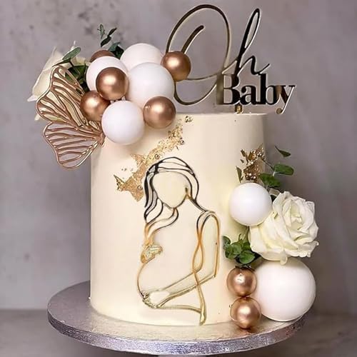 2PCS Gold Oh Baby Cake Topper with Pregnant Mother Silhouette, Acrylic Baby Shower Decoration For Welcome Baby/Pregnancy Announcement/Mommy to Be/Baby Shower Gender Reveal Party Supplies