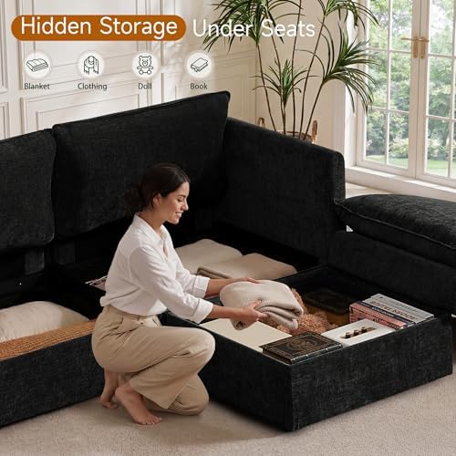 Myroyalsit Modular Sofa with Storage, 103" Sofa Bed Sleeper Sofa Bed Sectional Cloud Couch, Oversized Fabric Couch with Movable Ottoman, 6 Seat Modern Deep Seat Sofa for Living Room (Black Chenille)
