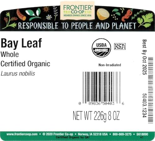 Frontier Co-op Organic Dried Bay Leaves, 8 oz, Bulk Bag - Whole Herb for Soups, Stews, Sauces, and Meats