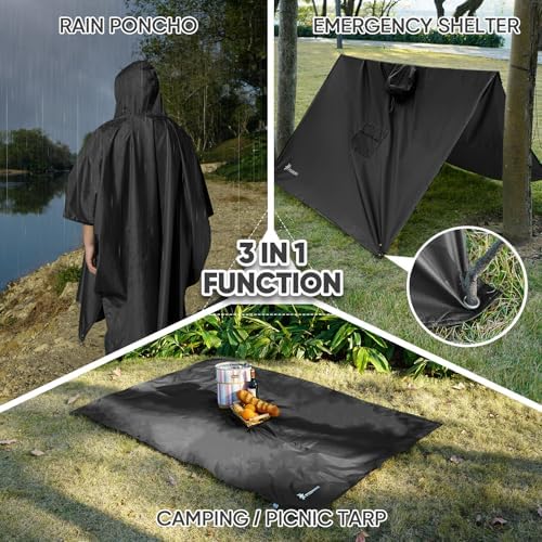 PTEROMY 3-in-1 Hooded Rain Poncho for Adult with Pocket, Waterproof Lightweight Unisex Raincoat for Hiking Camping Emergency