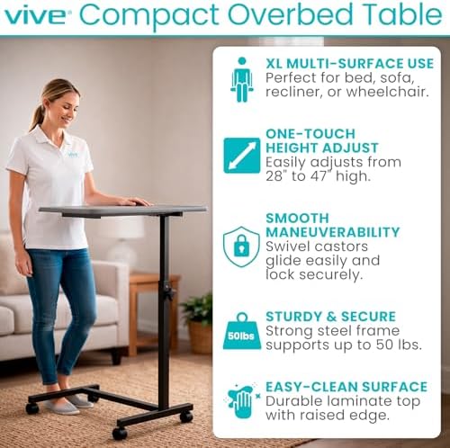 Vive Overbed Hospital Bed Table for Home Use - Adjustable Swivel Wheels & Tray for Over Bed - for Medical Bedside Chair - Adjustable Height, Tilt Top for Reading, Laptop, Bedridden, Elderly, Seniors