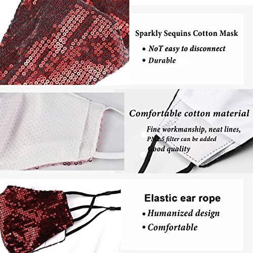 Sparkly Sequins Mouth Masc Fashion Designer Glitter Cotton Face Cover With Adjustable Ear Loops Reusable Masquerade Party Nightclub Rave Festival Sequins Face Covering (Red)