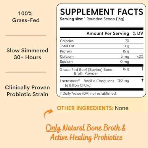 Paradise Naturals 100% Grass-Fed Natural Beef Bone Broth Powder + Active Probiotics, Collagen, 15g Protein, Non-GMO, Low Sodium, Gut Health, Paleo, Keto, Gluten-Free, for Healthy Skin, Hair, Joints