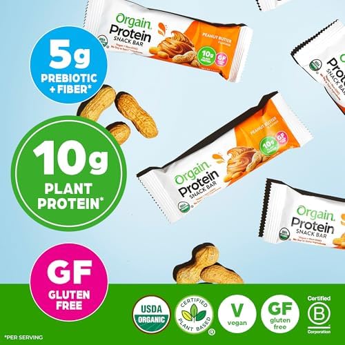 Orgain Organic Vegan Protein Bars, Peanut Butter - 10g Plant Based Protein, Low Calorie Healthy Snacks, No Lactose or Soy Ingredients, Gluten Free, Non-GMO - 1.41 Oz (Pack of 12)