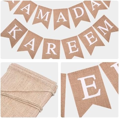 Pre-Strung Ramadan Kareem Burlap Banner Islamic Themed Ramadan Mubarak Banner Muslim Eid Mubarak Festival Hanging Decor for Indoor Outdoor Fireplace Wall Window Party Festival Celebration Decorations No DIY