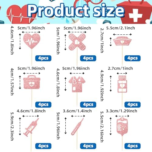 36 Pcs Rose Gold Glitter Medical Theme Cupcake Toppers, Single-Sided Doctor Nurse Party Picks with 9 Designs for Graduation, Hospital Birthday, Clinic Decorations, Cakes, Drinks, Dessert Table Decor