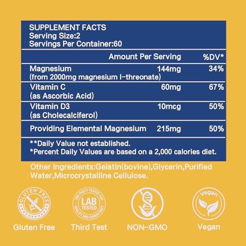 Magnesium L-Threonate Supplement 2000mg,Liposomal Magnesium Threonate High Absorption for Energy &Immune,Vegan, Non-GMO,120 Capsules(Pack of 1)