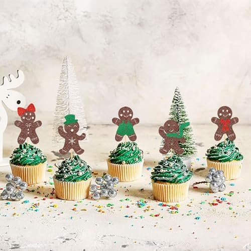 Ercadio 24 Pack Christmas Gingerbread Cupcake Toppers Glitter Cupcake Picks Xmas Cake Decor for Christmas Theme Baby Shower Party Supplies