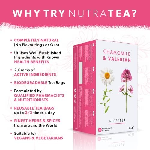 NutraTea Chamomile & Valerian Tea - Bedtime and Night Time Tea - 20 Individually Wrapped Bags (1 Pack)