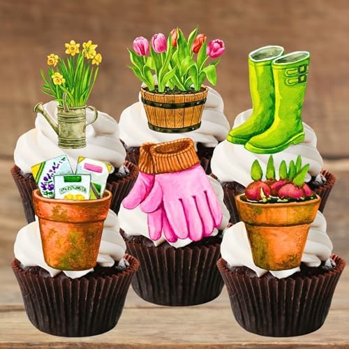 24 Gardener Theme, Green Thumb, Gardening Edible Cupcake Toppers - Stand Up SWEETENED Wafer Cake Decorations