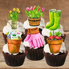 24 Gardener Theme, Green Thumb, Gardening Edible Cupcake Toppers - Stand Up SWEETENED Wafer Cake Decorations