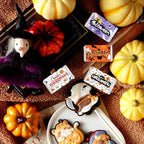 Limarqabel 120 Pcs Happy Halloween Candy Wrappers 1.4x2.6 Inch Candy Bar Wrapper Ghost Halloween Party Favors Mini Chocolate Candy Bar Wrappers Candy Stickers 4 Design (No Candy)