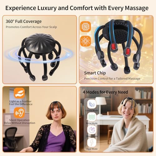 Hands-Free Scalp Massager, Electric Octopus Head Massager, Wearable Multi-Point Vibration Scalp Massager, Quiet & Lightweight for Work, Gaming & Relaxation, Tech Gifts for Men Women