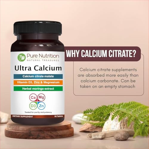Pure Nutrition Ultra Calcium 1000mg with VIT D3 + K2 | 180 Tabs (90 X Pack of 2) | Calcium Supplement with Calcium Citrate Malate, VIT D3, K2, Moringa Oleifera, Magnesium and Zinc.