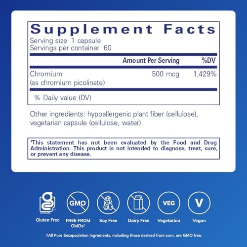 Pure Encapsulations Chromium (Picolinate) 500 mcg - for Lipid & Carbohydrate Metabolism* - Mineral Supplement - Superior Absorption Chromium Supplement - Vegan & Gluten Free - 60 Capsules
