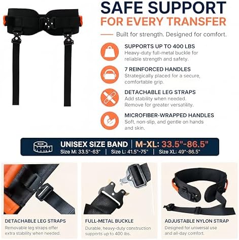 Gait Belt, Upgraded with Metal Buckle & Detachable Leg Straps, 7 Reinforced Handles, Transfer & Lift Belt for Seniors & Elderly, Walking Support and Mobility Assistance (Orange, Medium)