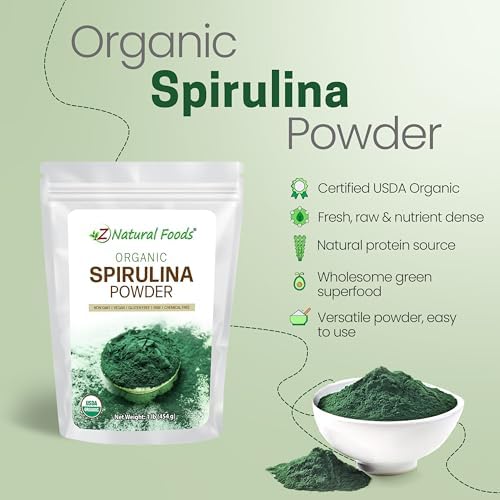 Z Natural Foods Organic Spirulina Powder - 100% Pure Spirulina, Nutrient-Dense Blue-Green Algae Superfood with Amino Acids, 15x Beta-Carotene - Mix in Smoothies, Yogurt, Recipes, 1 lb
