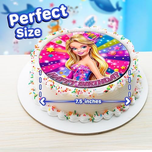 7.5x Inch Edible Cake Toppers –Fashion Doll Girl Pink Themed Birthday Party Collection of Edible Cake Decorations