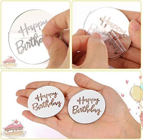 Acrylic Cake Disc, BENBO 18 Pieces Happy Birthday Cake Disc Mirror Acrylic Cupcake Toppers Mini Round Silver Birthday Engraved Topper Charms for Birthday Party DIY Cupcake Decoration