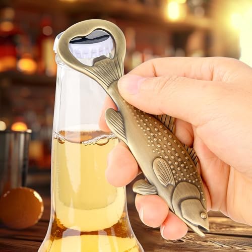 LKKCHER Bass Beer Bottle Opener, Fishing Gifts for Fisherman, Bass fish Decoration, Birthday Fathers Day Christmas Gifts for Men Women Dad Fisherman, Bronze beer accessories with Bag