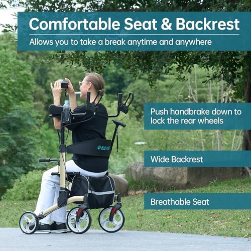 ELENKER Upright Walker, Stand Up Folding Rollator Walker with 10” Front Wheels Backrest Seat and Padded Armrests(Champagne)