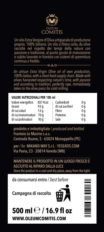 Oleum Comitis - Extra Virgin Olive Oil 100% Italian Cold Pressed - Premium Line - 6 x 500 ml (16.9 fl oz) Bottles