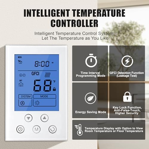 Electric Radiant Floor Heating System, 100 Sq.ft Electric Heated Floor Mats for Bathroom, Includes Programmable Thermostat, Heat Mat, Installation Monitor, and Temperature Sensors