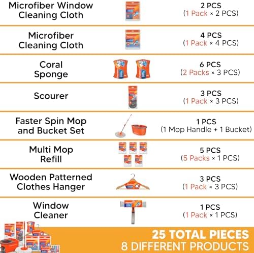 Macrofresh Macromax 13-Pc Home Cleaning Kit: Spin Mop & Bucket System, 5 Microfiber Refills, Microfiber Cloths, Glass Cloths, Sponges, Scourers & Hangers