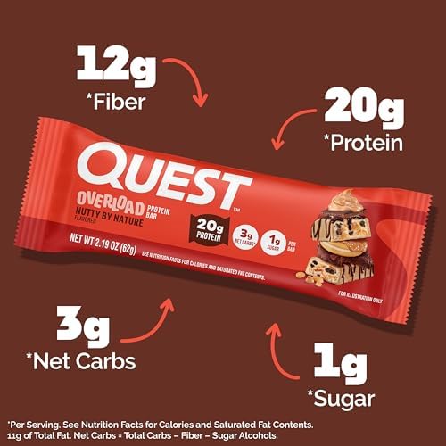 Quest Nutrition Overload Protein Bars, Nutty by Nature Flavored Protein Bars, 20g Protein, 1g Sugar, 3g Net Carbs, Gluten Free, 12 Count