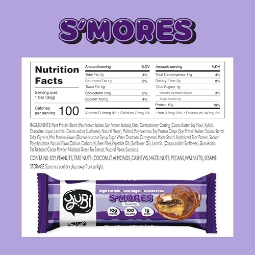 YuBi Bars - S'Mores Protein Bars - 100 Calories, 10g of Protein, 1g of Sugar, Low Carb, Palm Oil Free/Non-GMO, Gluten Free, Dairy Free, Healthy Snack, Non-GMO - 14.8oz (12 Pack, S'Mores)