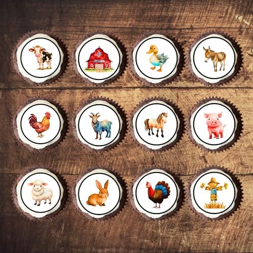 PRECUT Farm Animals Cupcake Toppers, Petting Zoo Theme Edible Mini Discs - Woodland Animal Party Decorations Wafer Card Farmer Cake Topper 24 x - 1.18 Inch 3cm (24)