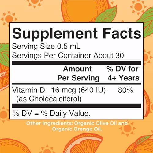 MARYRUTH'S USDA Organic Vitamin D3 Liquid Drops for Kids | 640 IU Vitamin D3 Per Serving | Kids Immune Support & Bone Health Supplement | Formulated for Ages 4-13 | 0.5oz | 30 Servings